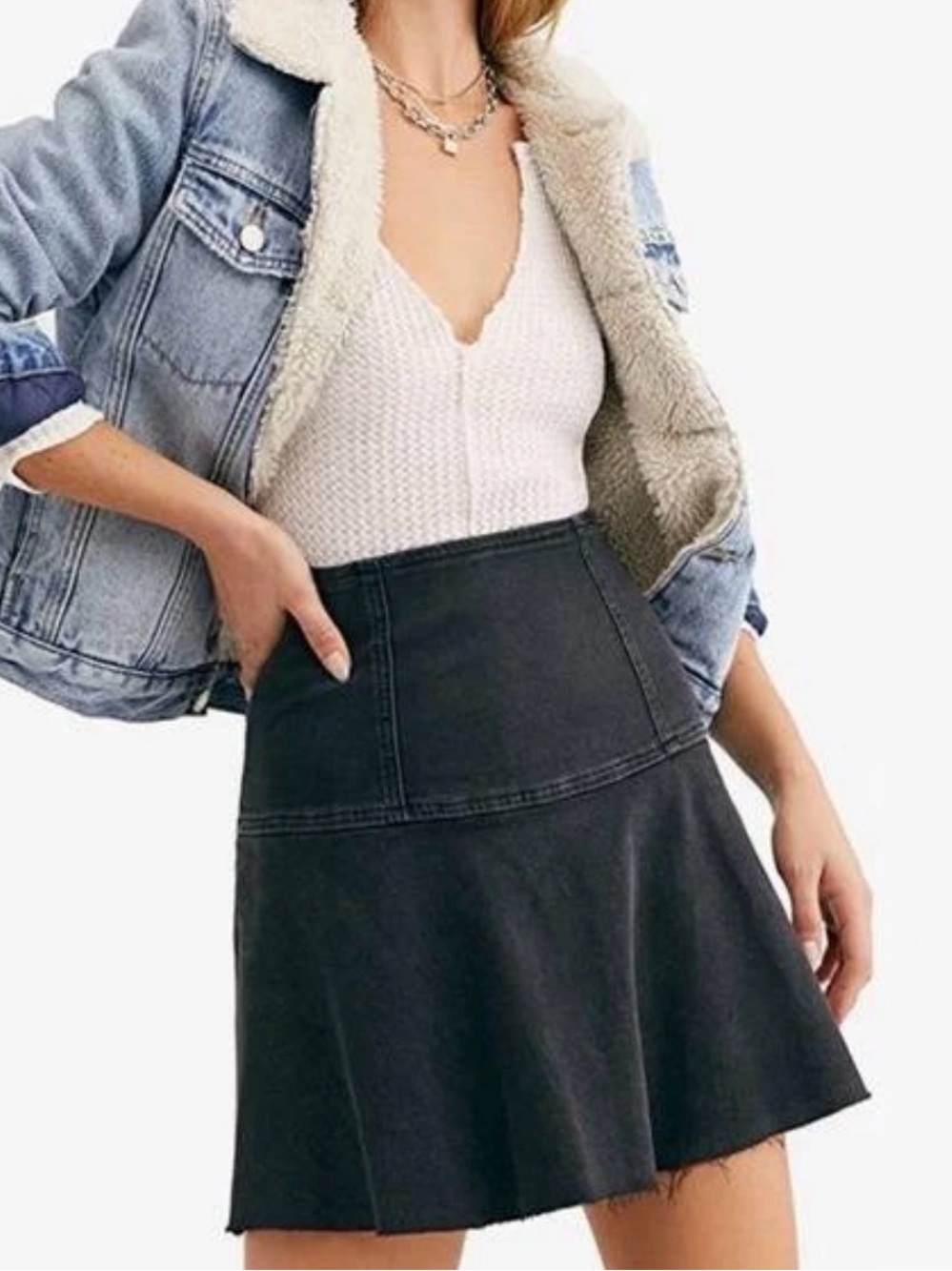 Free People We The Free Highlands Black Denim Mini Skirt Size 8 Raw Hem